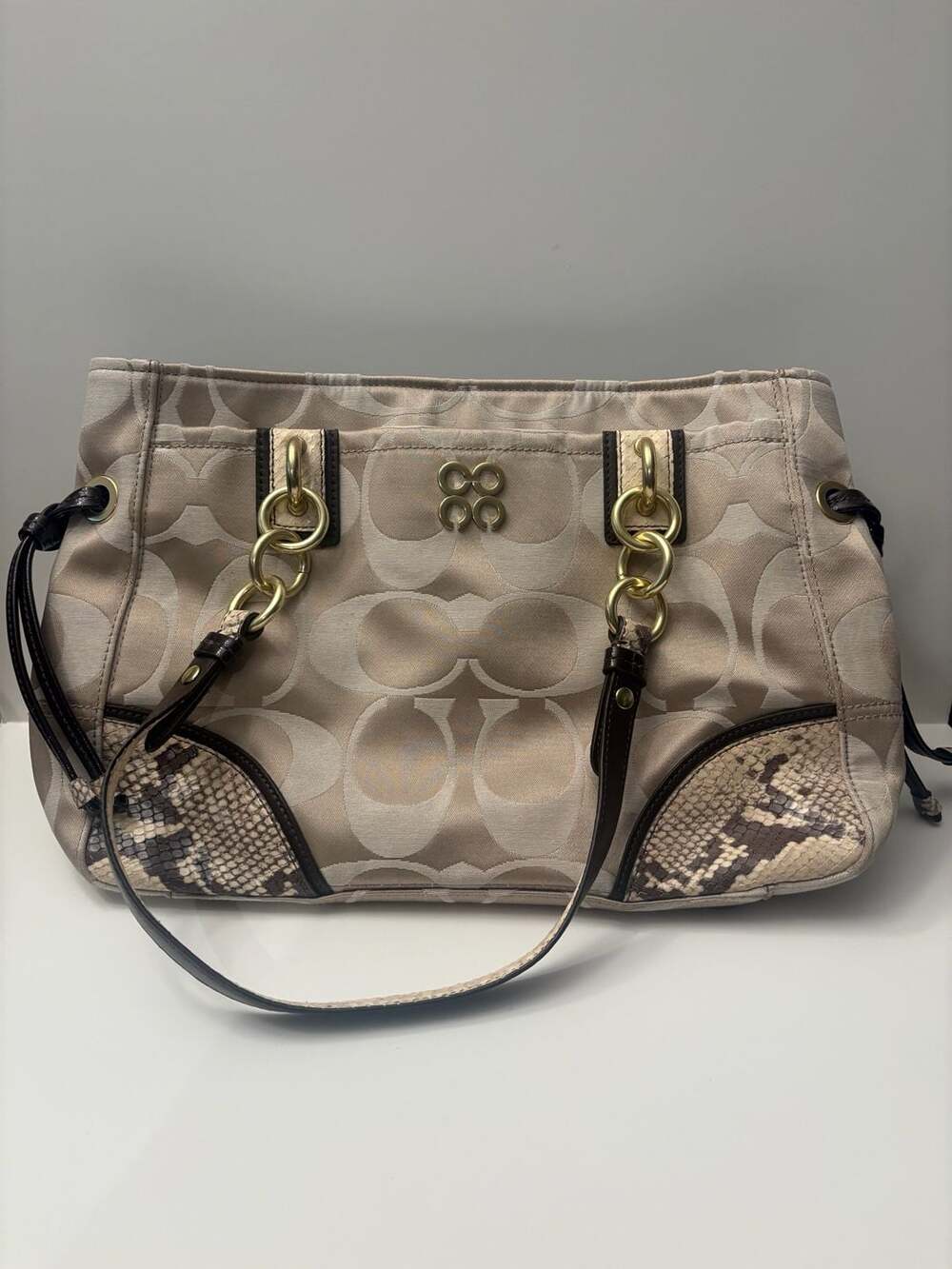 Coach Signature C Op Art Tote Bag with Snakeskin Trim
